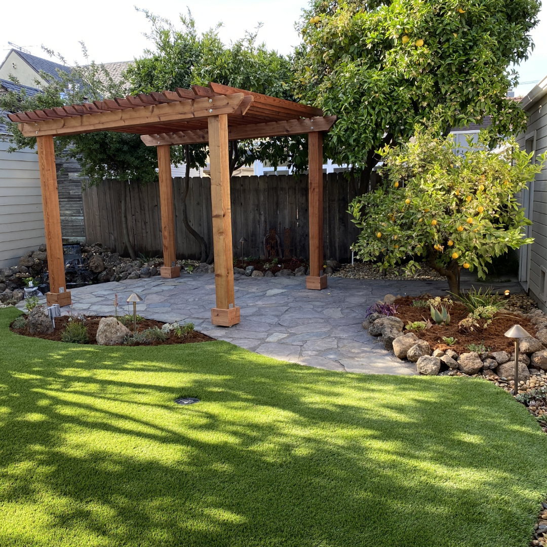 Artificial Grass with Wooden Pergola